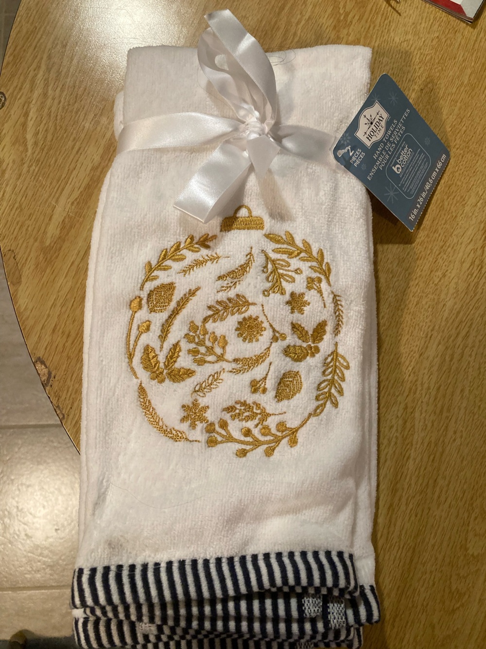 Holiday Time White and Gold Embroidered Ornament Hand Towel